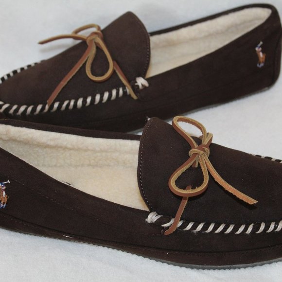 POLO RALPH LAUREN MEN'S MICROSUEDE SLIPPERS BROWN - Picture 1 of 7